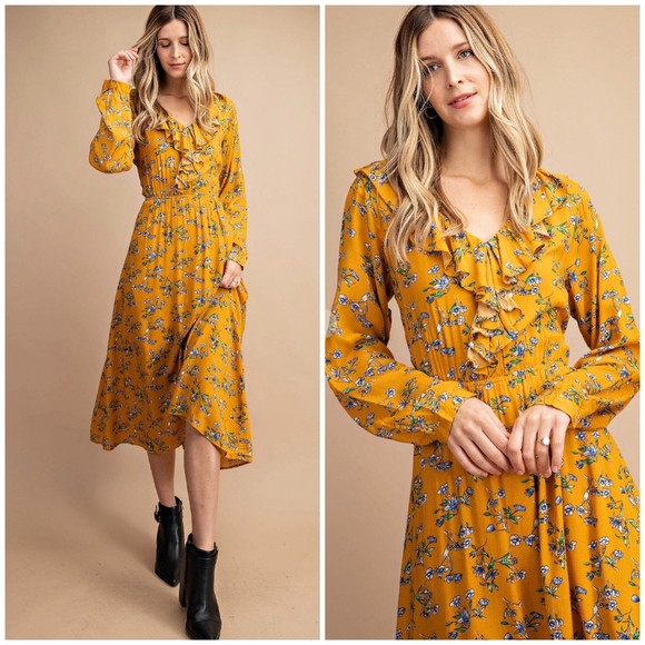 DanburyLane Dresses & Skirts - LAST ONE❗Boho Chic Mustard Floral Flowy Long Sleeves Midi Dress